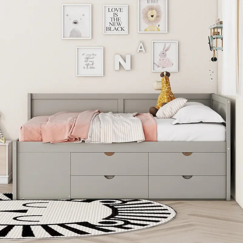Lit de repos créatif nordique pleine grandeur avec tiroirs et étagères, cadre de lit de rangement pour enfants, adolescents, adultes, gain de place, montage facile