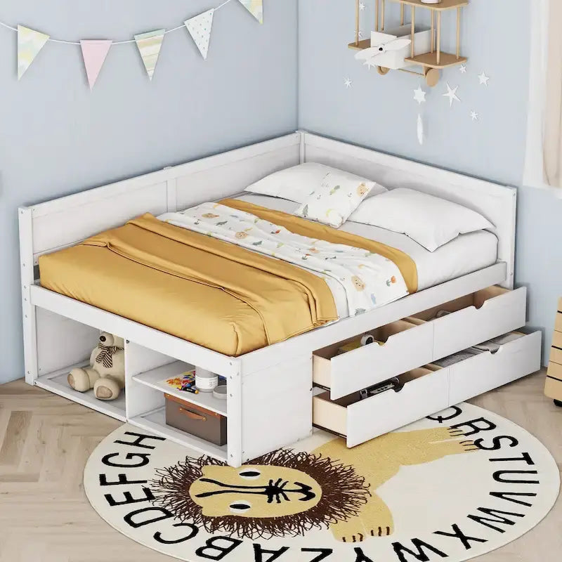 Lit de repos créatif nordique pleine grandeur avec tiroirs et étagères, cadre de lit de rangement pour enfants, adolescents, adultes, gain de place, montage facile
