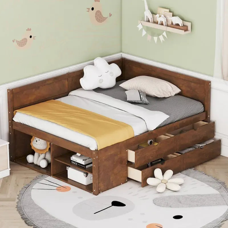 Lit de repos créatif nordique pleine grandeur avec tiroirs et étagères, cadre de lit de rangement pour enfants, adolescents, adultes, gain de place, montage facile