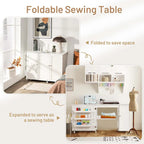 Table de couture pliante avec armoire de rangement et roulettes
