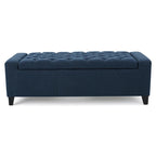 Banc Ottoman de Rangement, 51 Pouces, Tissu Bleu Foncé Capitonnage Bouton Profond
