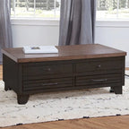 Table basse relevable en bois bicolore avec roulettes