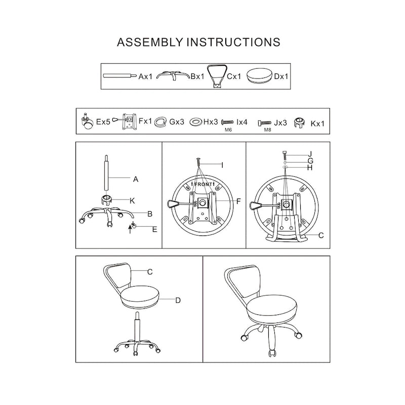 Tabouret roulant bas réglable avec dossier, hauteur de 33 à 38 cm, blanc