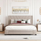 Lit de rangement Queen Size, plateforme capitonnée en lin avec 3 tiroirs
