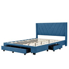 Lit de rangement Queen Size, plateforme capitonnée en lin avec 3 tiroirs