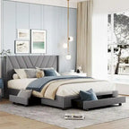 Lit de rangement Queen Size, plateforme capitonnée en lin avec 3 tiroirs