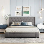 Lit de rangement Queen Size, plateforme capitonnée en lin avec 3 tiroirs
