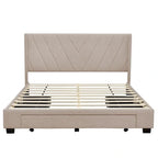 Lit de rangement Queen Size, plateforme capitonnée en lin avec 3 tiroirs