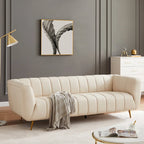 Canapé en cuir pleine fleur capitonné de style Mid-Century Modern, couleur crème