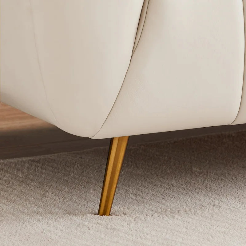 Canapé en cuir pleine fleur capitonné de style Mid-Century Modern, couleur crème