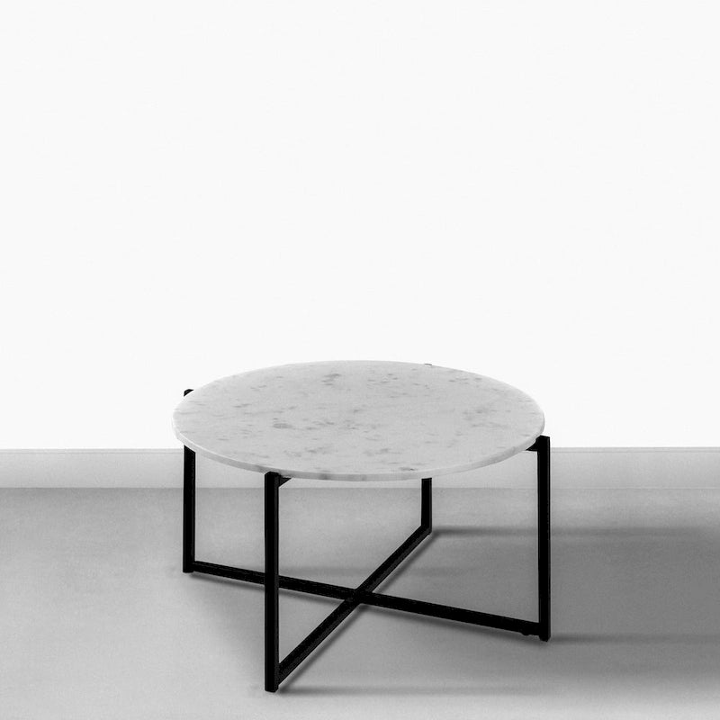 Table basse ronde de 30 pouces en marbre avec structure en métal, blanc et noir