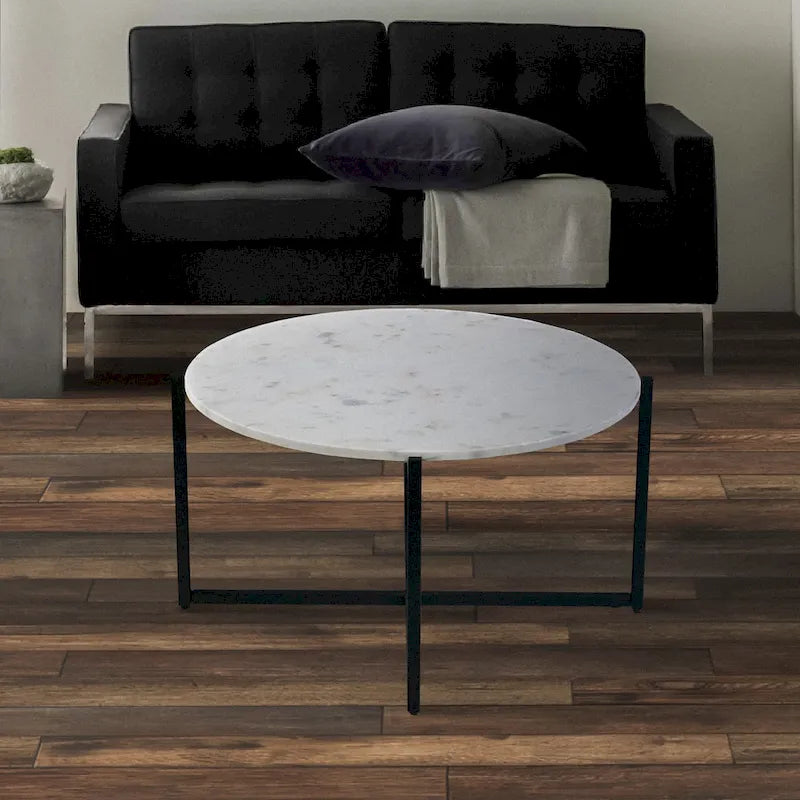 Table basse ronde de 30 pouces en marbre avec structure en métal, blanc et noir