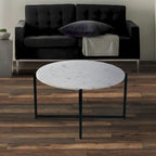 Table basse ronde de 30 pouces en marbre avec structure en métal, blanc et noir