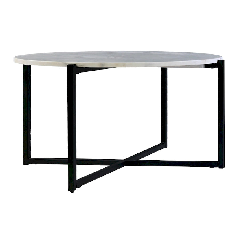 Table basse ronde de 30 pouces en marbre avec structure en métal, blanc et noir