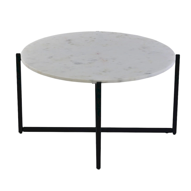 Table basse ronde de 30 pouces en marbre avec structure en métal, blanc et noir