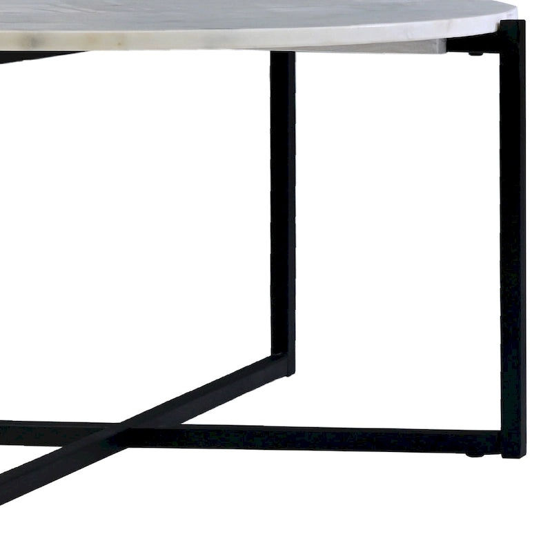 Table basse ronde de 30 pouces en marbre avec structure en métal, blanc et noir