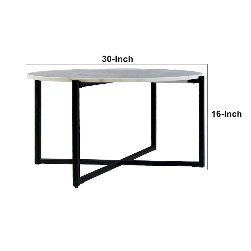 Table basse ronde de 30 pouces en marbre avec structure en métal, blanc et noir