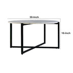 Table basse ronde de 30 pouces en marbre avec structure en métal, blanc et noir