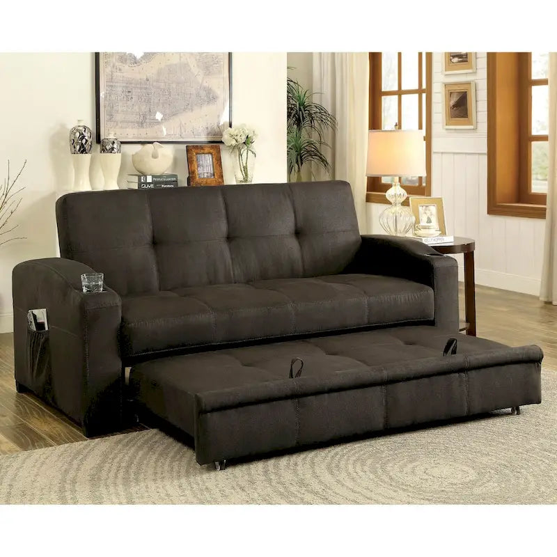 Canapé-lit futon de rangement touffeté en tissu marron transitionnel Kore