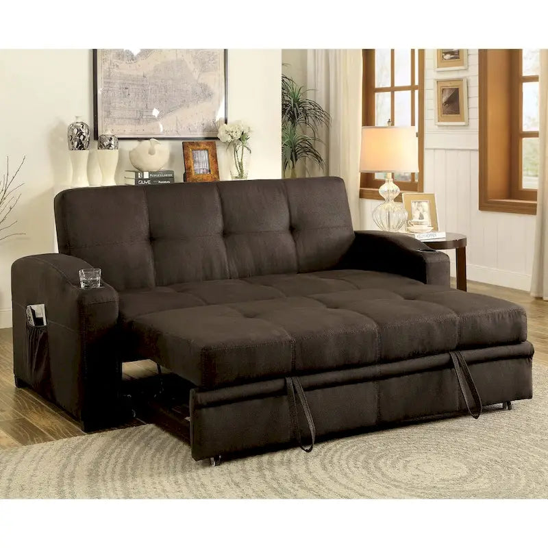 Canapé-lit futon de rangement touffeté en tissu marron transitionnel Kore