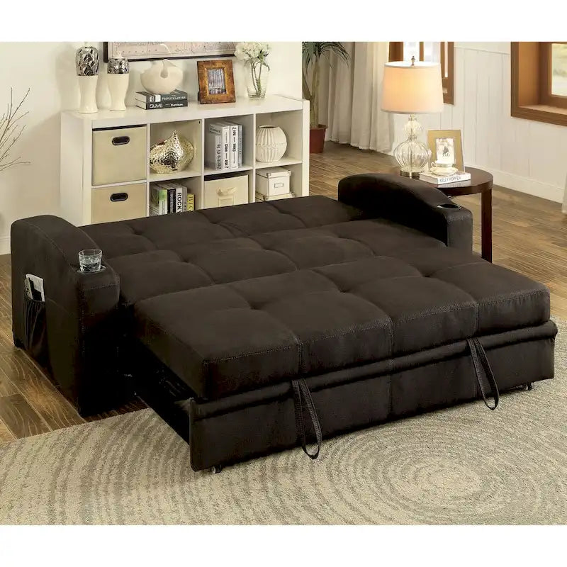 Canapé-lit futon de rangement touffeté en tissu marron transitionnel Kore