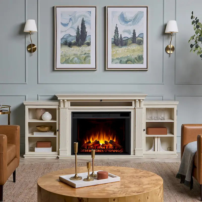 Tracey 84 TV Stand Electric Fireplace in Distressed White by 
