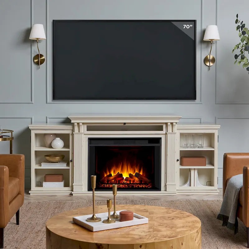 Meuble TV Tracey de 84 po avec foyer électrique, blanc vieilli