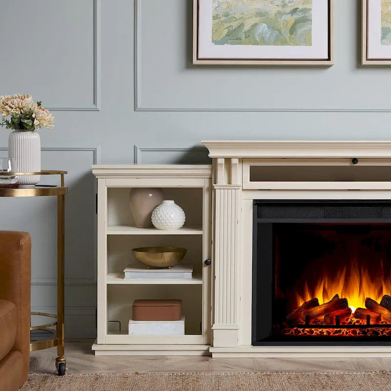 Meuble TV Tracey de 84 po avec foyer électrique, blanc vieilli