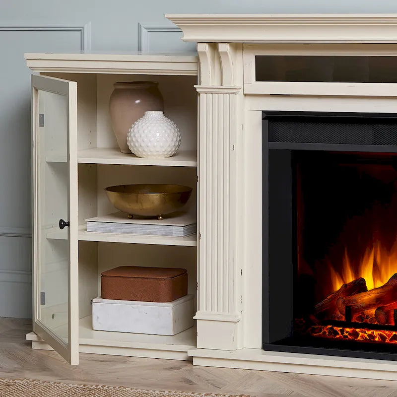 Meuble TV Tracey de 84 po avec foyer électrique, blanc vieilli
