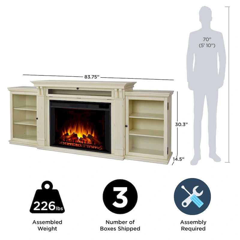Meuble TV Tracey de 84 po avec foyer électrique, blanc vieilli