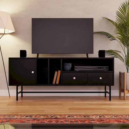 Meuble TV Credenza 2 tiroirs 4 étagères avec pieds en fer
