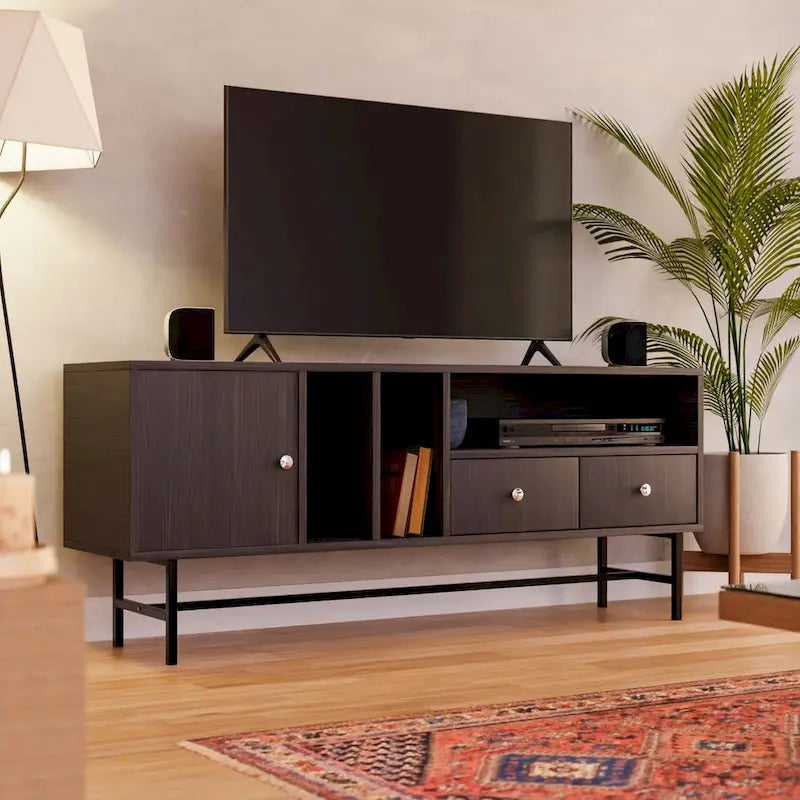 Meuble TV Credenza 2 tiroirs 4 étagères avec pieds en fer