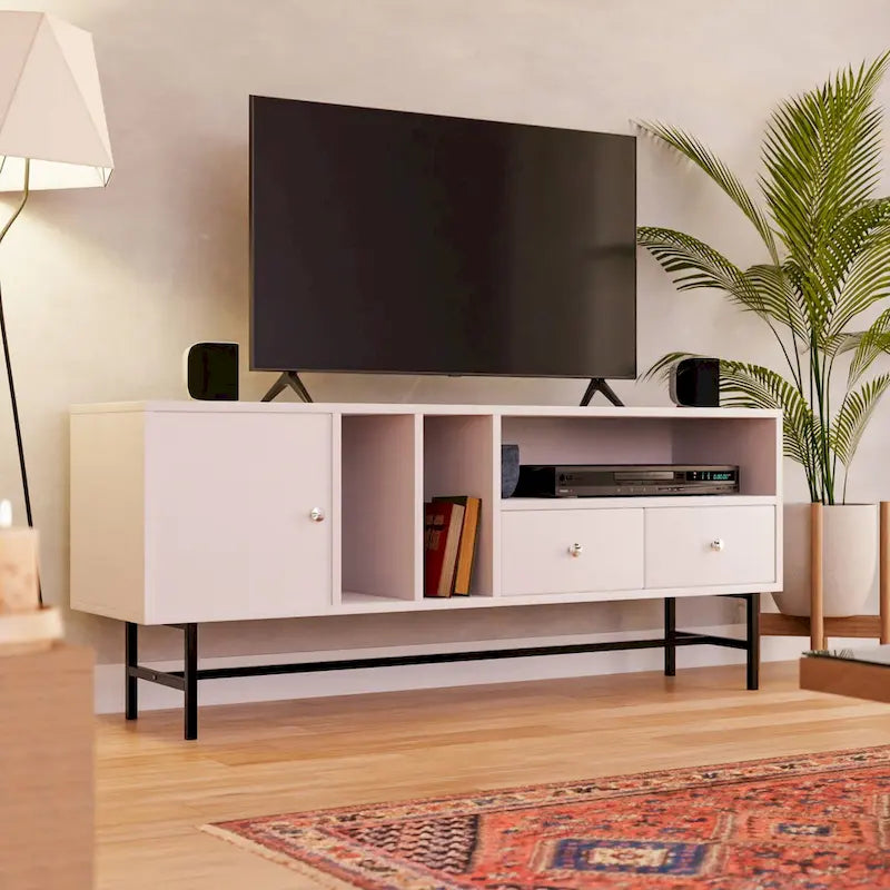 Meuble TV Credenza 2 tiroirs 4 étagères avec pieds en fer