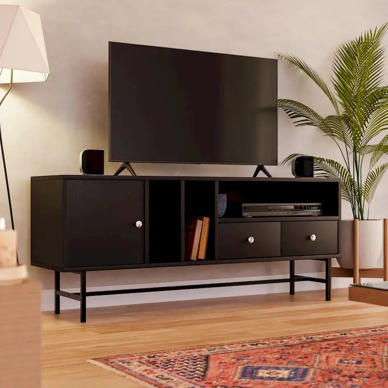 Meuble TV Credenza 2 tiroirs 4 étagères avec pieds en fer