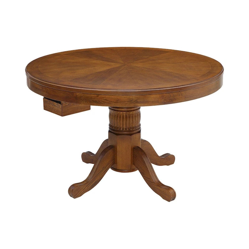 47 Inch Round Poker, Game, Dining Table, Cup Holders, Chip Trays, Oak Brown
