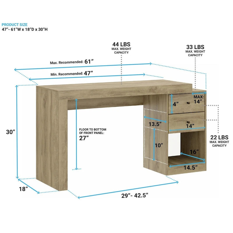 Bureau de télétravail aux designs modernes, extensible de 47 à 61 pouces de long