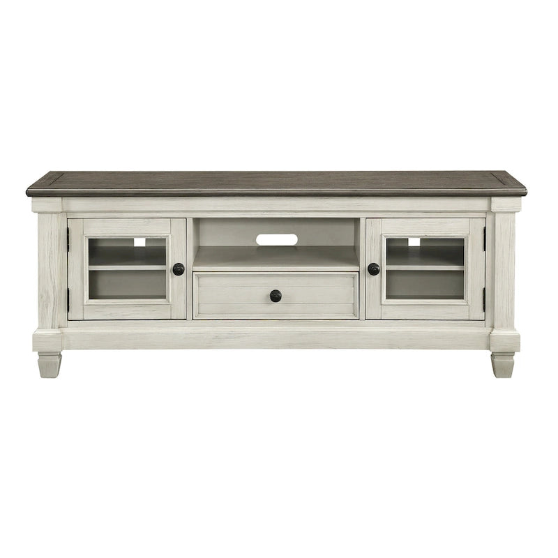 Meuble TV/console multimédia de 162 cm, blanc et marron, en bois massif