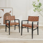 Chaises de salle à manger en similicuir tissé et bois d'hévéa avec accoudoirs (lot de 2)