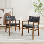 Chaises de salle à manger en similicuir tissé et bois d'hévéa avec accoudoirs (lot de 2)