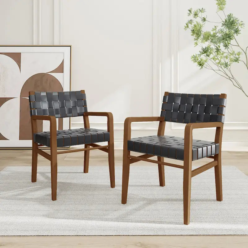 Chaises de salle à manger en similicuir tissé et bois d'hévéa avec accoudoirs (lot de 2)