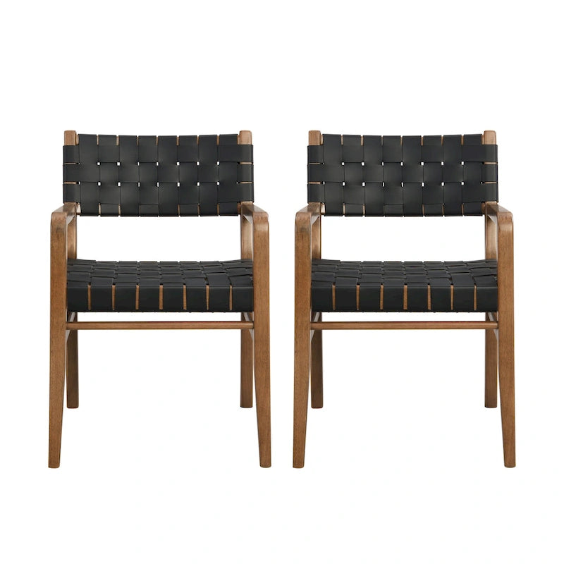 Chaises de salle à manger en similicuir tissé et bois d'hévéa avec accoudoirs (lot de 2)
