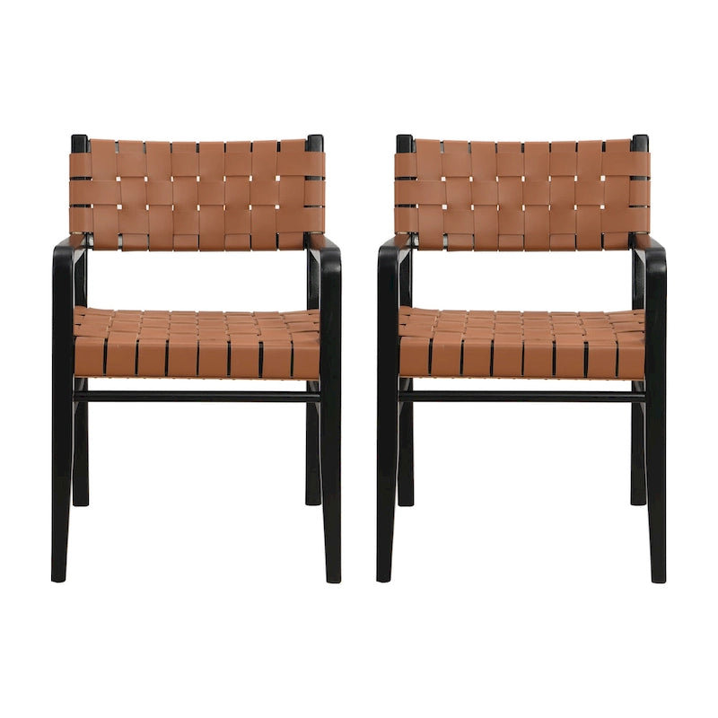 Chaises de salle à manger en similicuir tissé et bois d'hévéa avec accoudoirs (lot de 2)