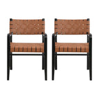 Chaises de salle à manger en similicuir tissé et bois d'hévéa avec accoudoirs (lot de 2)